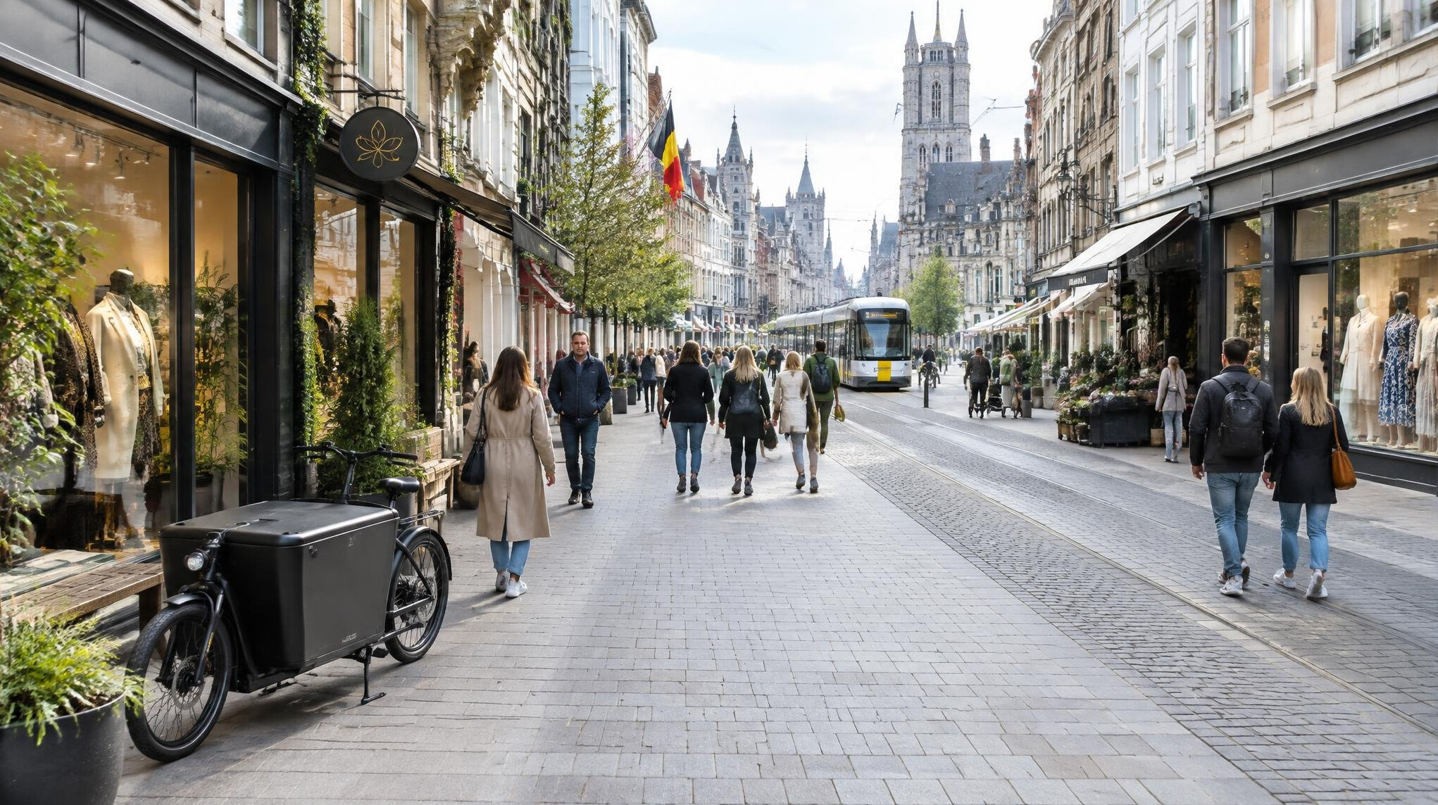Busy European shopping street with shops and pedestrians