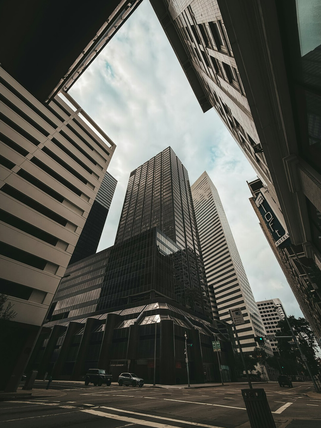 Modern city buildings seen from street level