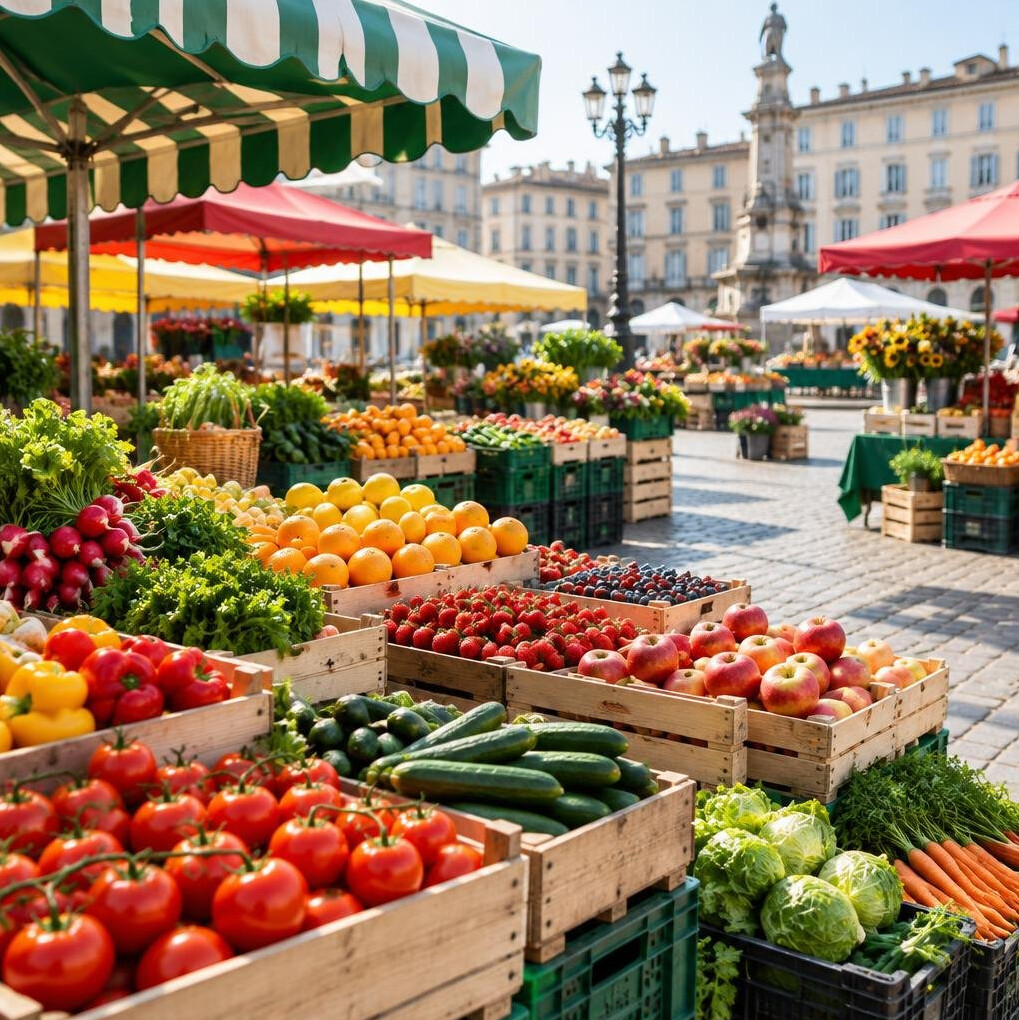 Outdoor market stalls with fresh produce